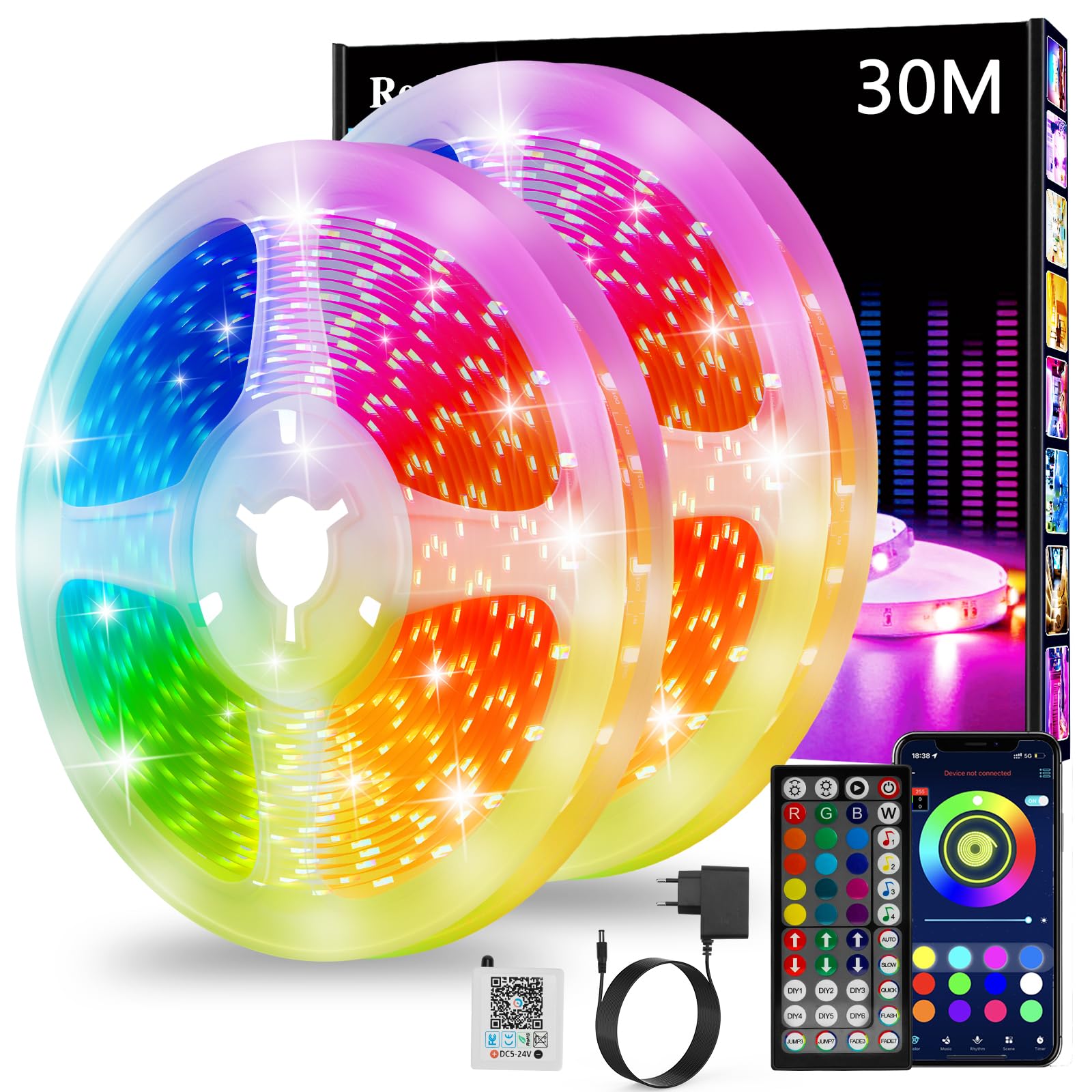 Ruban Led 20m, Led Chambre, Bande Led Lumineuse Contrôlé par APP Bluetooth ou Télécommande 44 Touches, Synchroniser avec Rythme de Musique, RGB Bandeau Led pour Decoration Chambre, Gaming (2 * 10m)