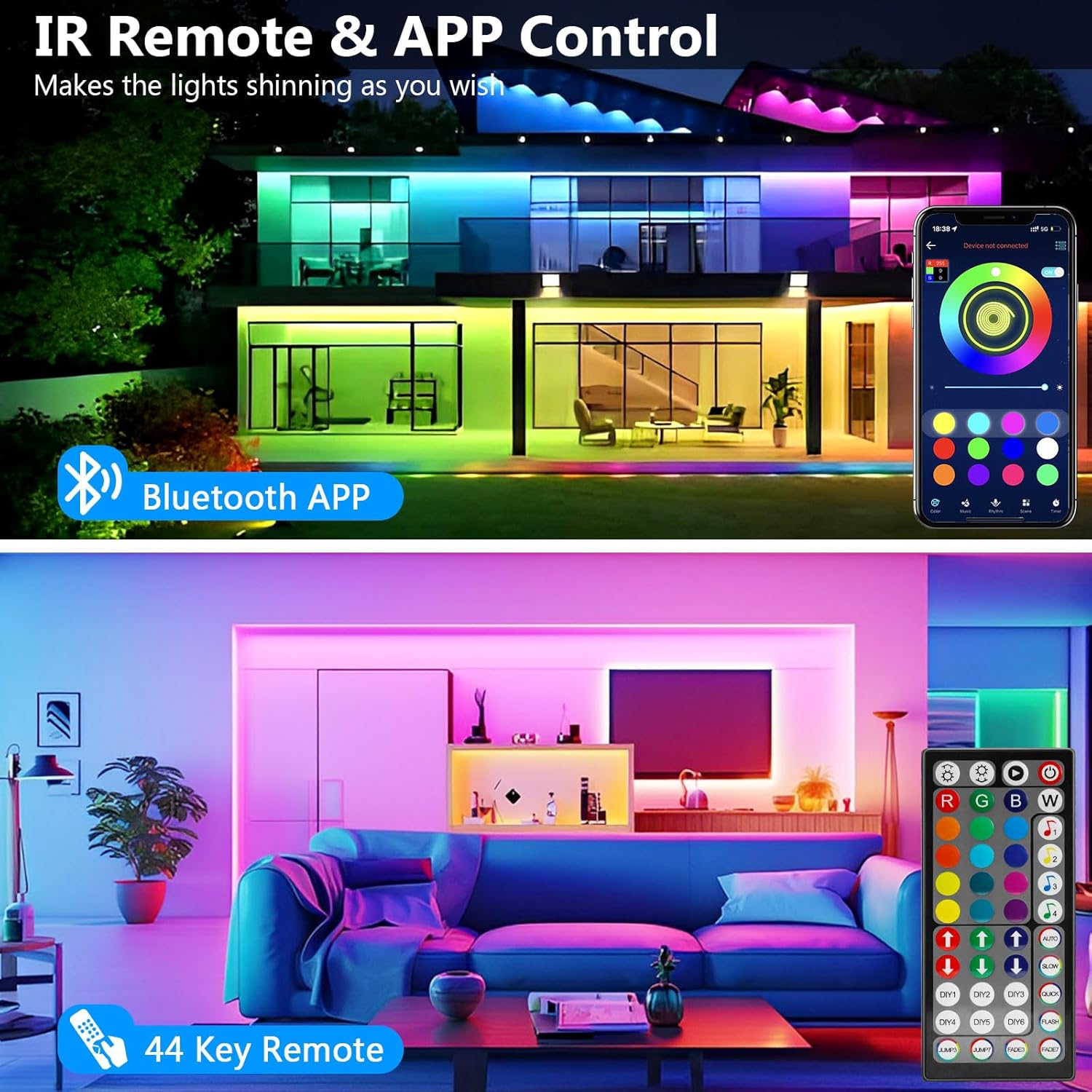 Ruban Led 20m, Led Chambre, Bande Led Lumineuse Contrôlé par APP Bluetooth ou Télécommande 44 Touches, Synchroniser avec Rythme de Musique, RGB Bandeau Led pour Decoration Chambre, Gaming (2 * 10m)