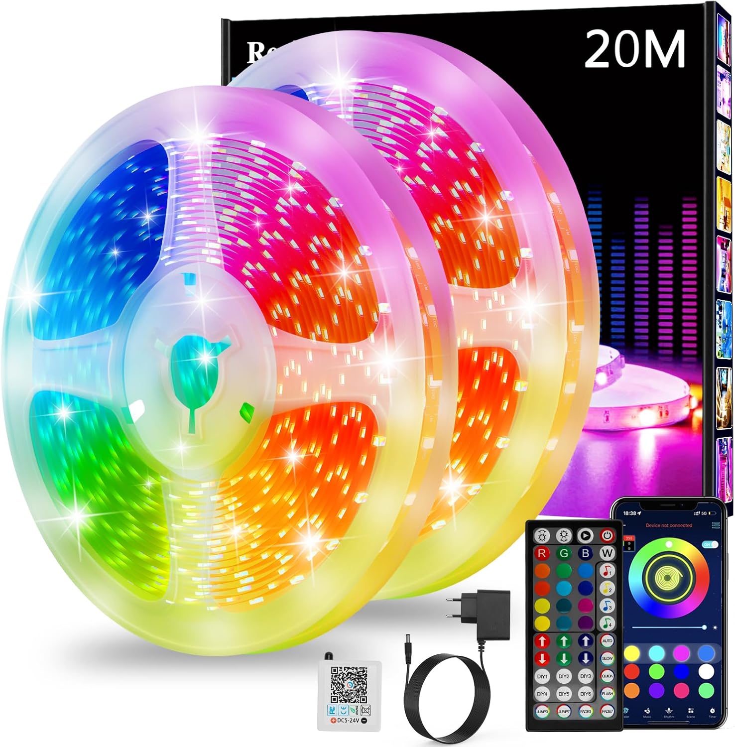 Ruban Led 20m, Led Chambre, Bande Led Lumineuse Contrôlé par APP Bluetooth ou Télécommande 44 Touches, Synchroniser avec Rythme de Musique, RGB Bandeau Led pour Decoration Chambre, Gaming (2 * 10m)